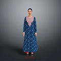 Traditional Blue Long Dress With White Patterns And Pink Spliced Top Long Sleeves