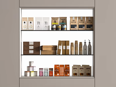Organized Shelf With Various Food Items Including Tea Coffee And Different Packaging 3d model