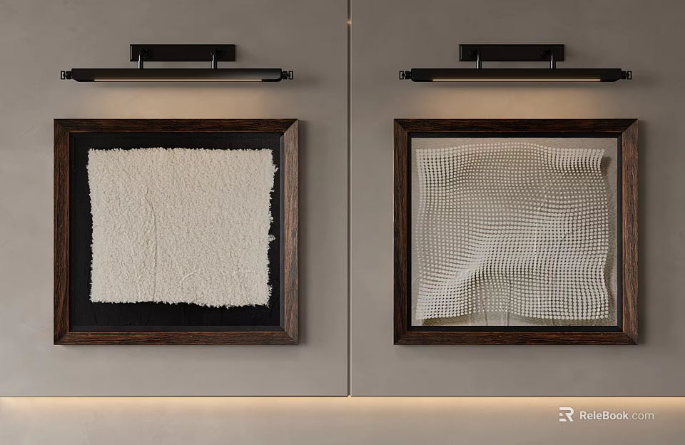 Textured Abstract Paintings in Dark Wooden Frames on Light Gray Wall with Black Light Fixtures 3d model 