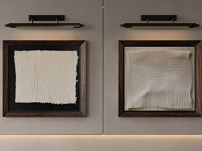 Textured Abstract Paintings in Dark Wooden Frames on Light Gray Wall with Black Light Fixtures 3d model