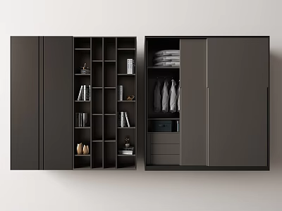 Modern Wardrobe Interior With Open Shelves Books Decorative Items Shoes Hanging Clothes And Drawers 3d model