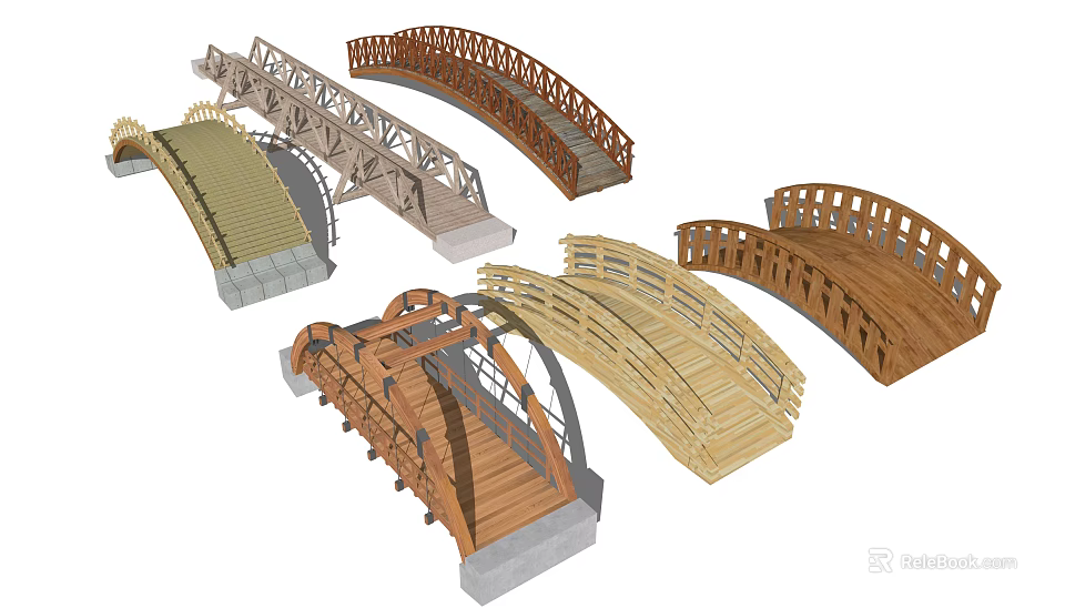Various Wooden Bridge Models With Different Design Styles And Arch Structures 3d model 