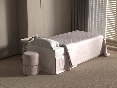 Comfortable Massage Bed with Soft Light-Colored Bedspread Small Stool and Cozy Spa Room Setting 3d model