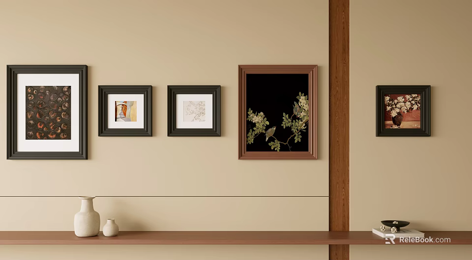 Abstract Paintings Display On Beige Wall With Shelf Decor 3d model