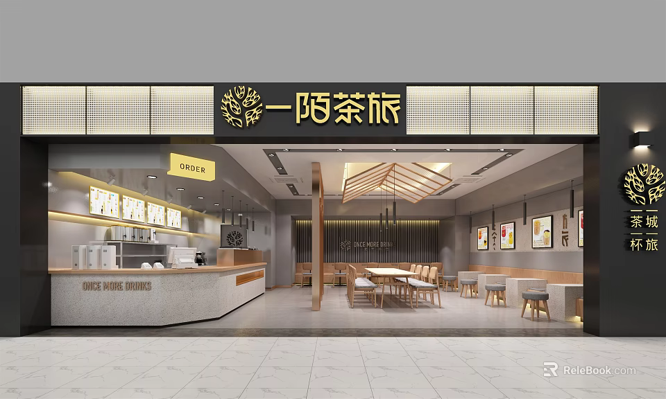 Modern Milk Tea Shop Interior With Wooden Decor Bar Counter And Cozy Seating Area 3d model 