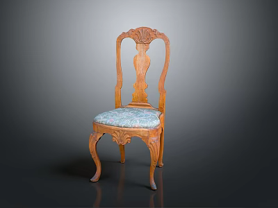 Classic Wooden Carved Chair With Blue Patterned Fabric Seat And Curved Legs 3d model