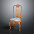 Classic Wooden Carved Chair With Blue Patterned Fabric Seat And Curved Legs
