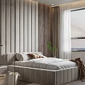 Modern Bedroom Interior With Platform Bed Wooden Slat Wall Glass Partition Area Rug And Plant