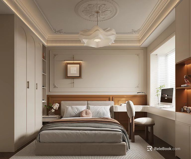 Elegant Modern Beige Bedroom With Built in Wardrobe Desk Chandelier And Decorative Painting 3d model 