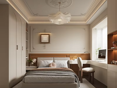 Elegant Modern Beige Bedroom With Built in Wardrobe Desk Chandelier And Decorative Painting 3d model