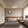 Elegant Modern Beige Bedroom With Built in Wardrobe Desk Chandelier And Decorative Painting