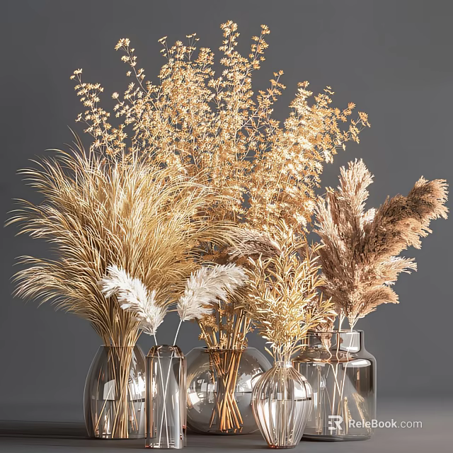 Transparent Glass Vases With Various Dried Grasses In Golden White Brown Tones On Grey Background 3d model 