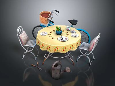 Outdoor Garden Table With Yellow Floral Tablecloth Chairs Plants Plates Blue Bicycle And Gardening Tools 3d model