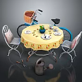 Outdoor Garden Table With Yellow Floral Tablecloth Chairs Plants Plates Blue Bicycle And Gardening Tools