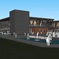Modern Waterfront Building With Glass Facade Red Brick Accents Tiered Plaza People Relaxing Wooden Walkway