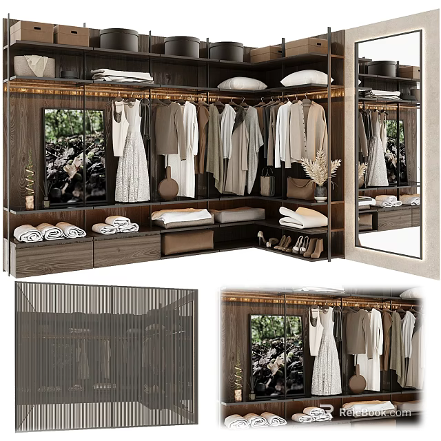 Modern Wooden Wardrobe Interior With Hanging Clothes Folded Garments And Mirror 3d model 
