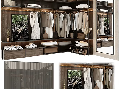 Modern Wooden Wardrobe Interior With Hanging Clothes Folded Garments And Mirror 3d model