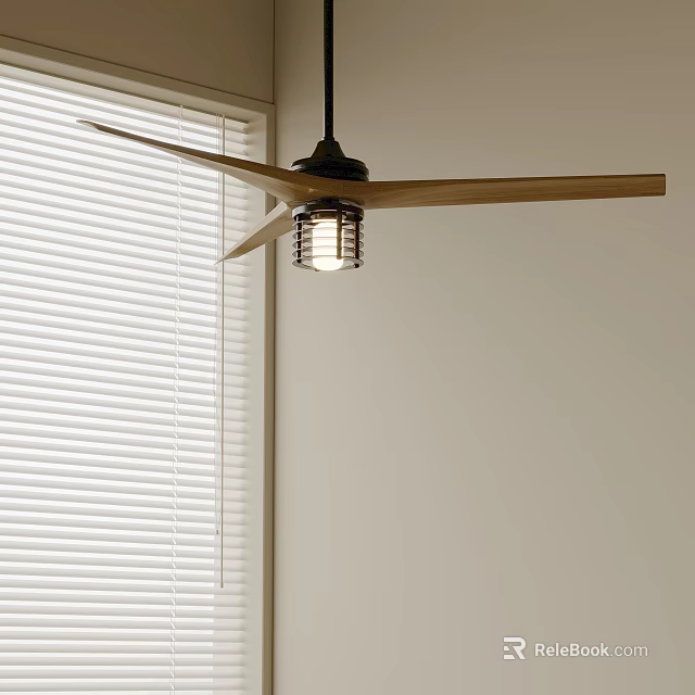 Modern Ceiling Fan With Light Hanging Over White Wall And Window Blinds 3d model
