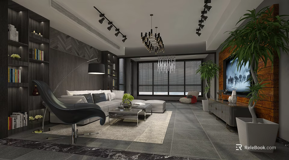 Modern Stylish Dark Tone Living Room Interior With Comfortable Sofas Elegant Chandeliers And Lush Plants 3d model 