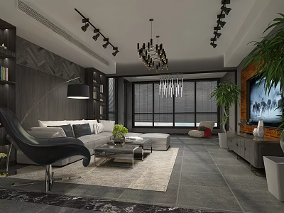 Modern Stylish Dark Tone Living Room Interior With Comfortable Sofas Elegant Chandeliers And Lush Plants 3d model