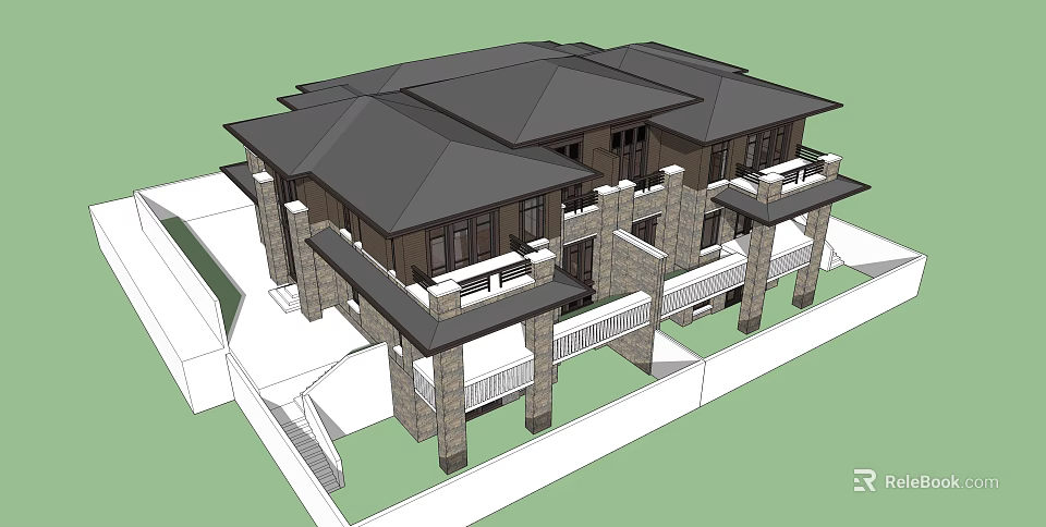 Symmetrical Twin Villa Design With Dark Roof Stone Exterior And Balconies 3d model 