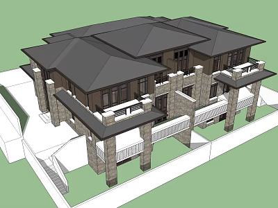 Symmetrical Twin Villa Design With Dark Roof Stone Exterior And Balconies 3d model