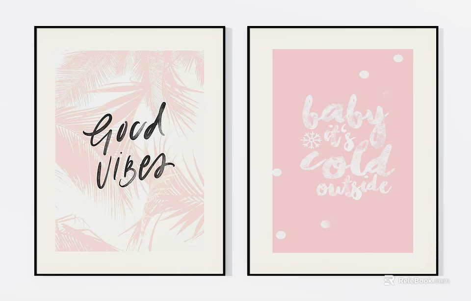 Pink Background Decorative Wall Art With Palm Leaves Good Vibes And Snowflakes Typography 3d model 