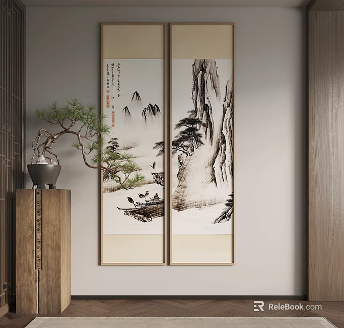 Traditional Chinese Landscape Painting With Mountains Pine Trees River And Scroll Artwork For Wall Decor 3d model 