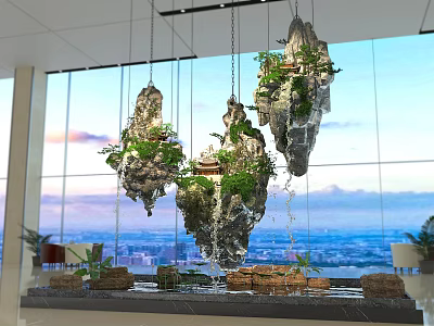 Stunning Hotel Lobby Interior With Hanging Rock Formations Green Plants And Large Windows 3d model