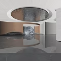 Modern Elegant Restaurant Interior With Golden Fish Pendant Lights Curved Walls And Night City View