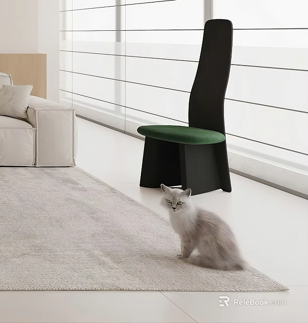 Light Gray Cat Sitting On Carpet Near Black Chair With Green Cushion In Modern Interior 3d model 