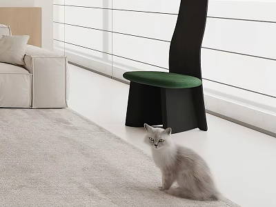 Light Gray Cat Sitting On Carpet Near Black Chair With Green Cushion In Modern Interior 3d model