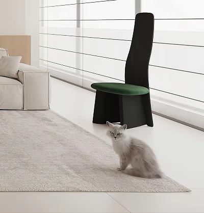 Light Gray Cat Sitting On Carpet Near Black Chair With Green Cushion In Modern Interior 3d model