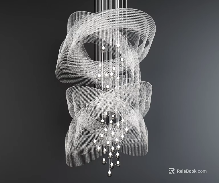 Modern Crystal Chandelier With Layered White Mesh And Crystal Pendants Lighting 3d model 