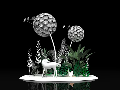 Artistic Decorative Display Featuring Dandelion Sculptures White Deer And Green Plants 3d model