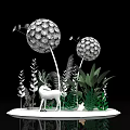 Artistic Decorative Display Featuring Dandelion Sculptures White Deer And Green Plants