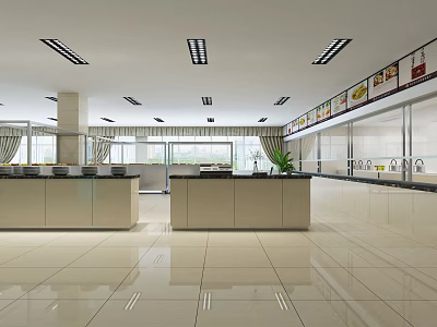 Spacious Hall Interior With Counters Windows Ceiling Lights Wall Posters And Shiny Tiled Floor 3d model