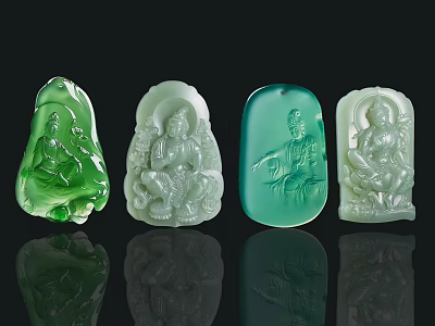 Green Jade Ornament Decoration Set With Carved Figures Pendant Style Decorative Pieces 3d model