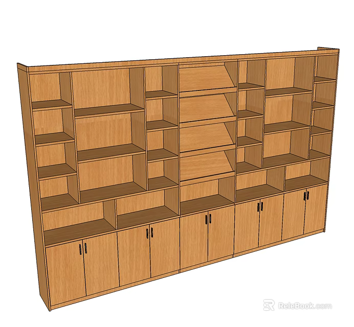 Wooden Display Shelf With Multiple Compartments And Cabinet Doors Design 3d model