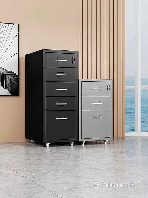 Black Five Drawer And Gray Three Drawer Filing Cabinets In Indoor Space With Wooden Wall And Sea View Window 3d model 