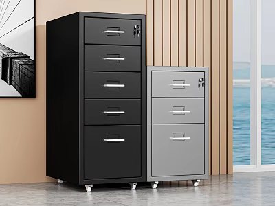 Black Five Drawer And Gray Three Drawer Filing Cabinets In Indoor Space With Wooden Wall And Sea View Window 3d model