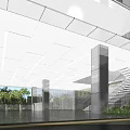 Modern Building Entrance Lobby With Metal Ceiling Lighting Glass Walls And Staircase Greenery