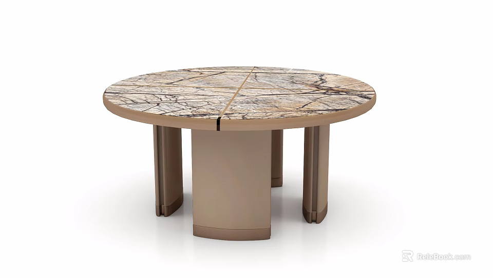 Modern Round Dining Table With Marble Texture And Brown Legs Design 3d model