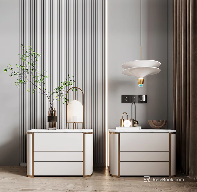 Modern White Bedside Tables with Gold Accents Lamps Green Plant Vase Striped Wall Pendant Light 3d model 