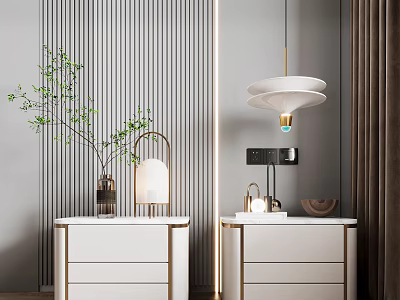 Modern White Bedside Tables with Gold Accents Lamps Green Plant Vase Striped Wall Pendant Light 3d model