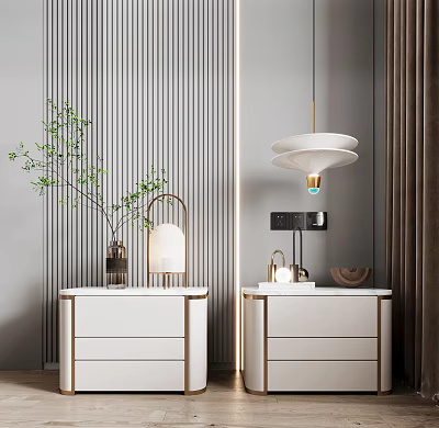 Modern White Bedside Tables with Gold Accents Lamps Green Plant Vase Striped Wall Pendant Light 3d model