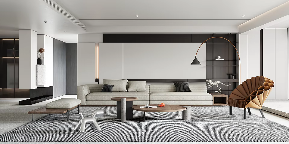 Modern Living Room with Light Colored Sofa Black Cushions Round Coffee Table and Floor Lamp 3d model 