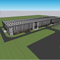 Modern Industrial Factory Building with Glass Curtain Wall Lighting People Around Drone Flying Sunset Sky