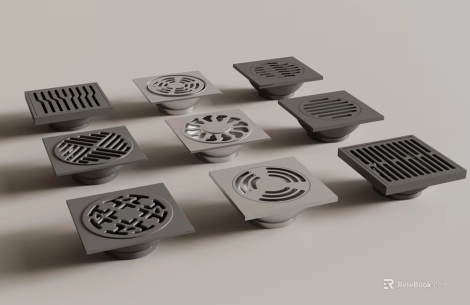Various Modern Floor Drain Designs With Decorative Grate Patterns And Styles 3d model 