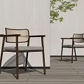 Modern Leisure Chairs Wooden Frame Woven Backrest Light Colored Cushion By Gray Wall Green Plant